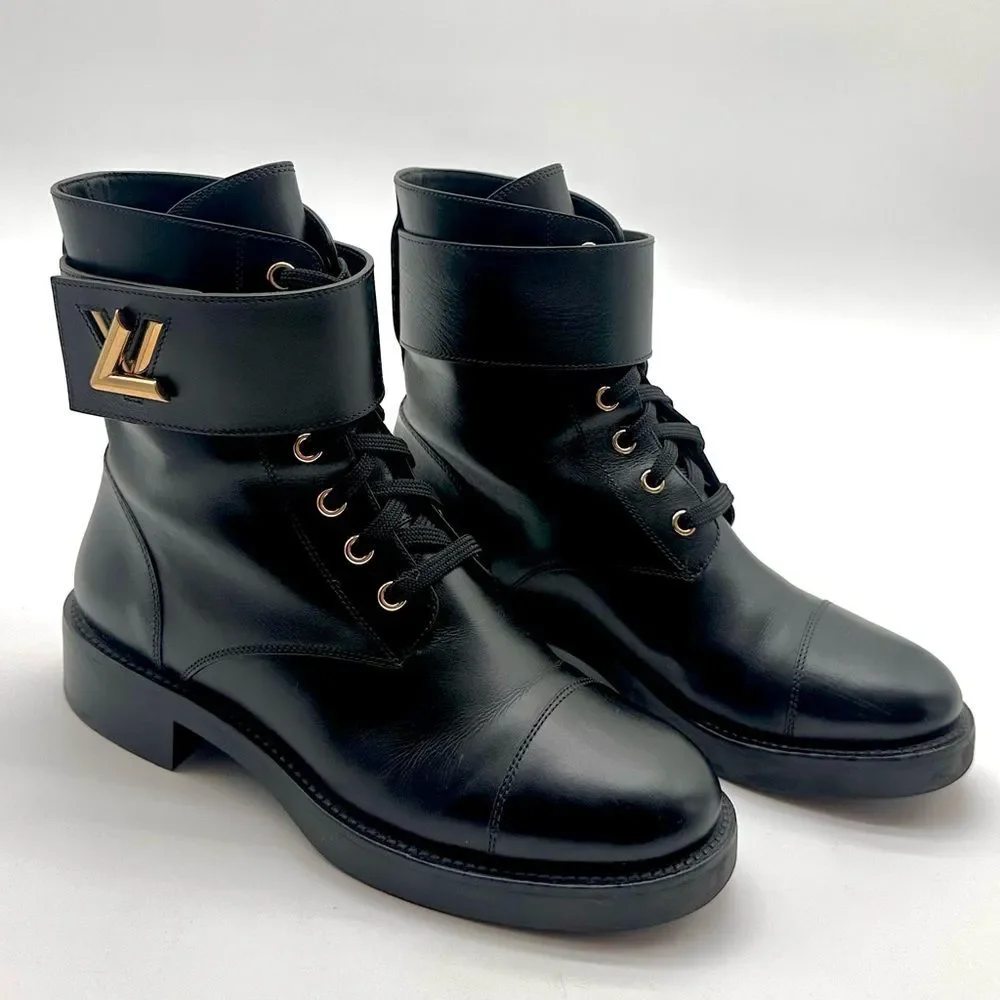Louis Vuitton Wonderland Ranger Combat Moto Boots Black Leather LV Logo EU 38.5